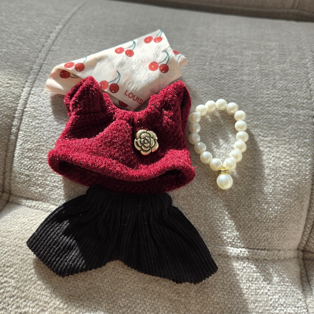Red Velvet Top with Black Shorts, Scarf and Pearl Necklace for Labubu